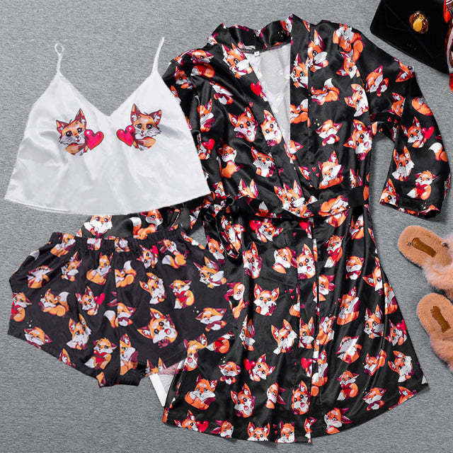 3 Piece Pajama Set Womens Kimono Bathrobe Satin-Original Pajamas