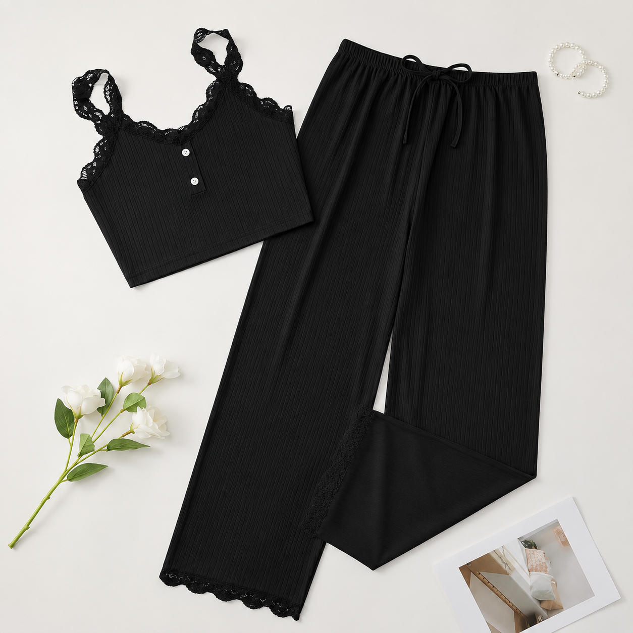 Lace Trim Camisole Pants Pajama Set For Women