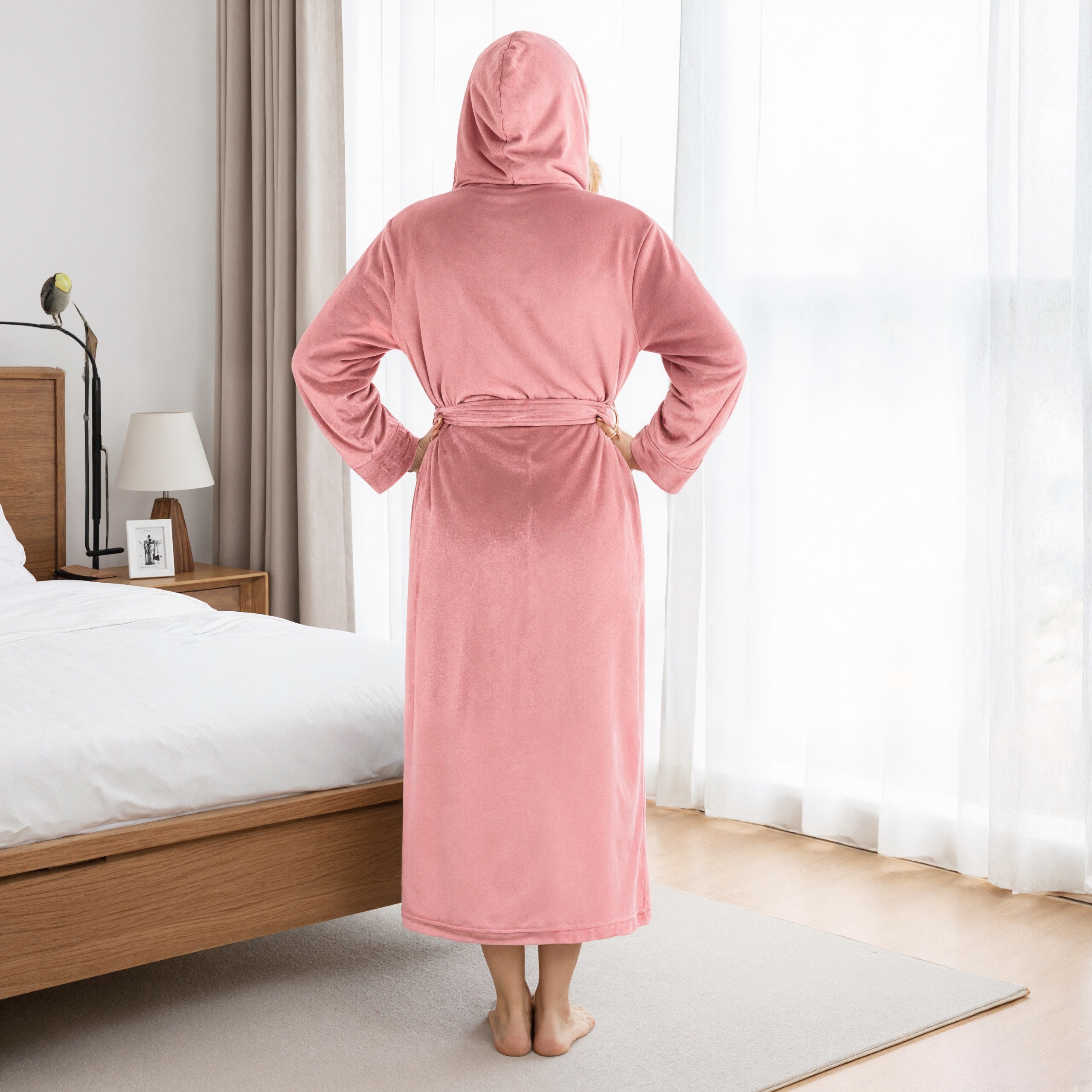 Hooded Plush Fleece Long Bath Robe With Belt And Pockets For Women