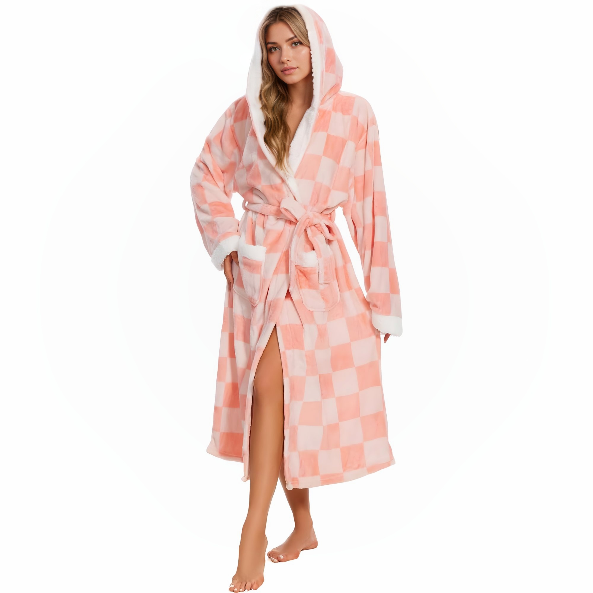 Soft Fleece Hooded Long Bathrobe For Women Home Lounge