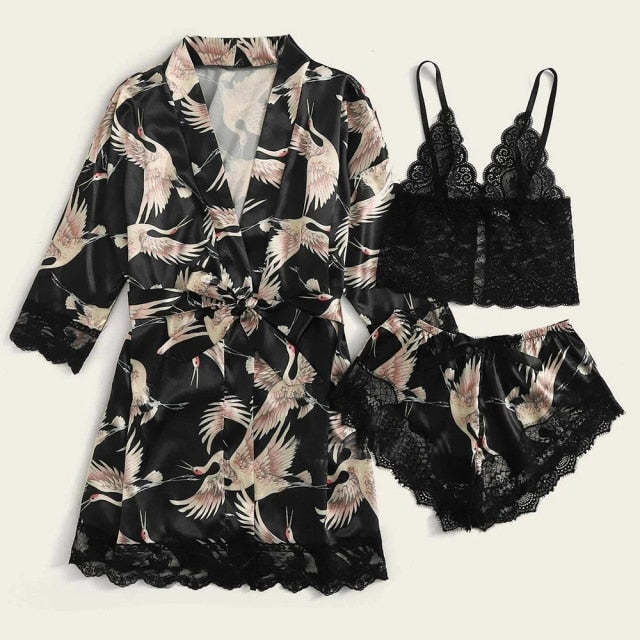 3 Piece Pajama Set Womens Kimono Bathrobe Satin-Original Pajamas