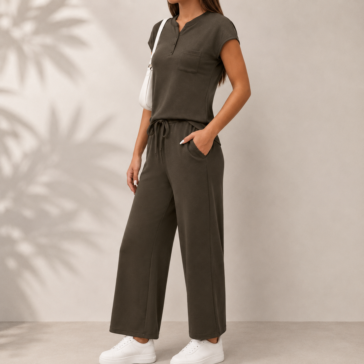 2 Piece Minimalist Loungewear Set With Button And Drawstring For Women