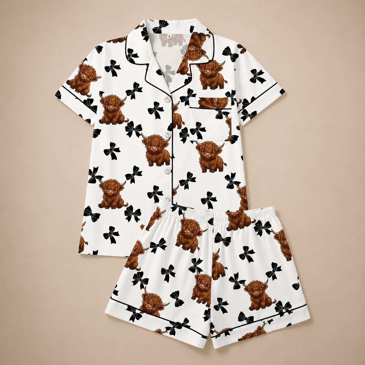 Casual Cow Pinted Short Sleeve Shirt And Shorts Pajama Set For Women