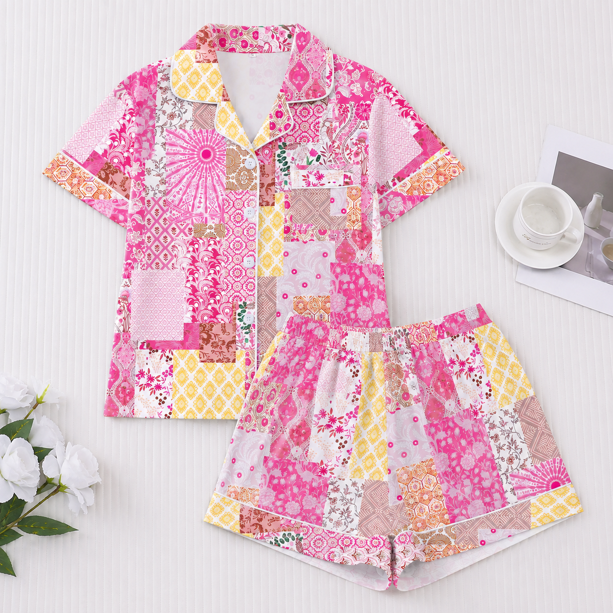 Casual Floral Print Button Up Shirt And Elastic Shorts Pajama Set For Women