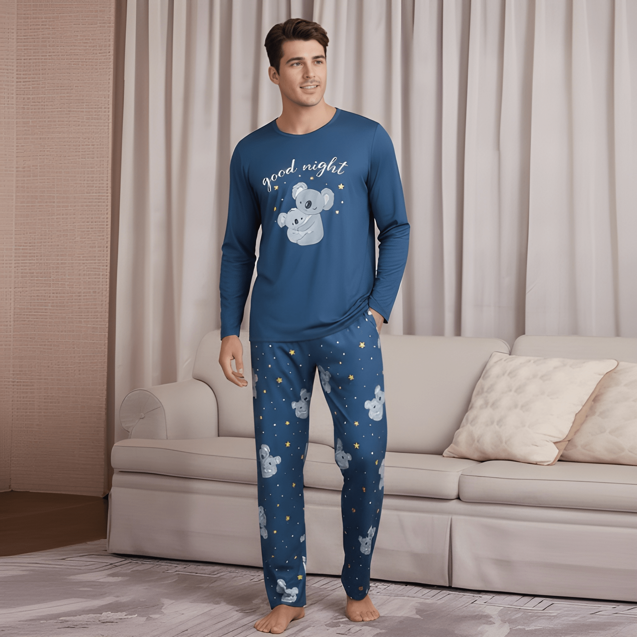 MEN/WOMEN Couple's Homewear Pajama Set, Spring and Autumn KniKoala Print Long Sleeves Matching Pajama Set For Couple - Image 4