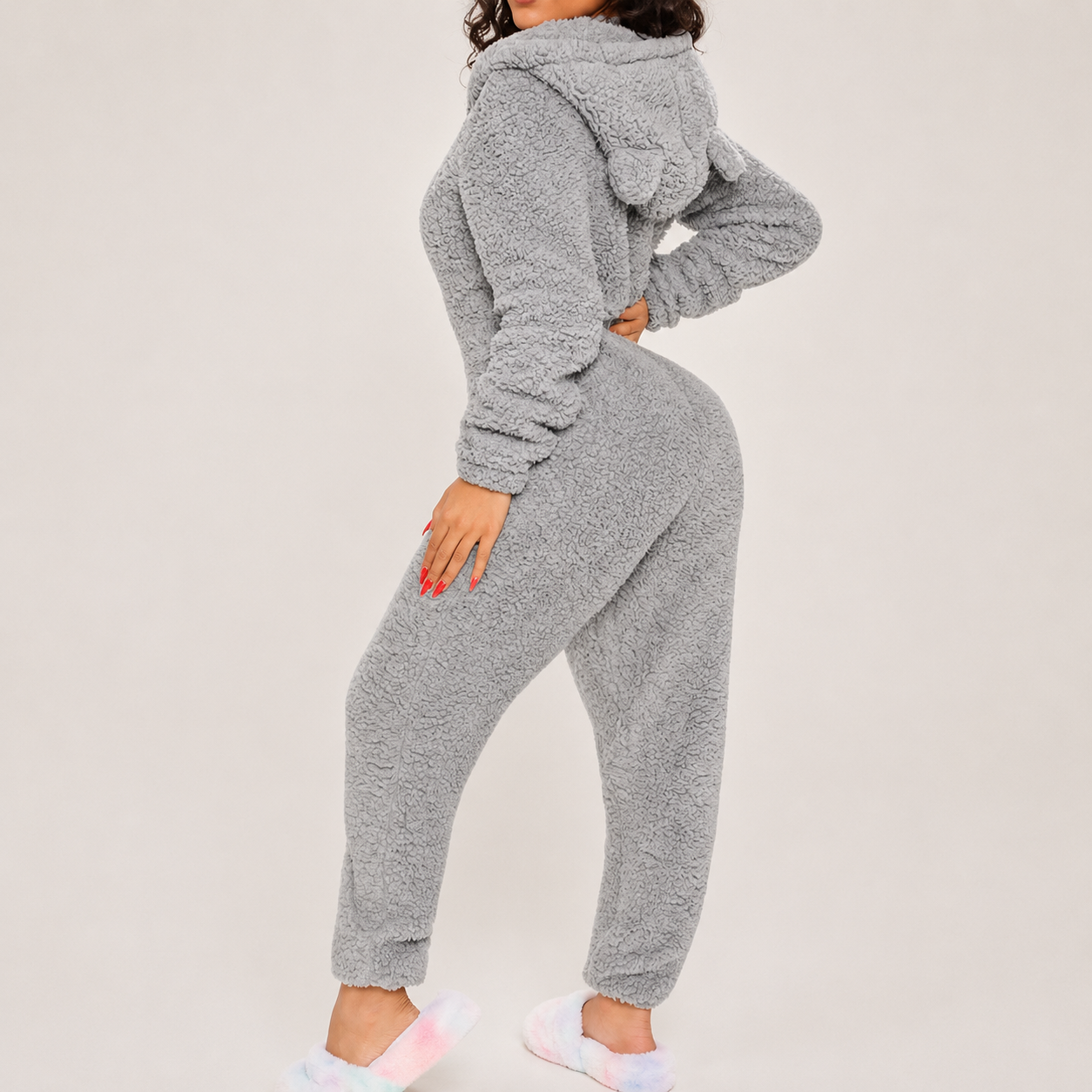 Solid Fall Winter Sleepwear Hooded Plush Pajama Jumpsuit With Zipper For Women