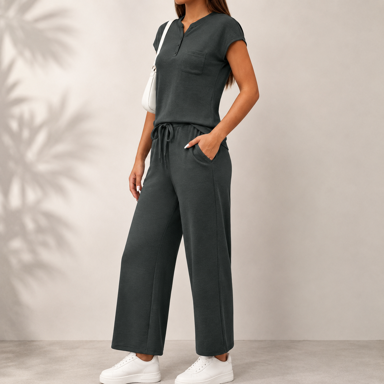 2 Piece Minimalist Loungewear Set With Button And Drawstring For Women