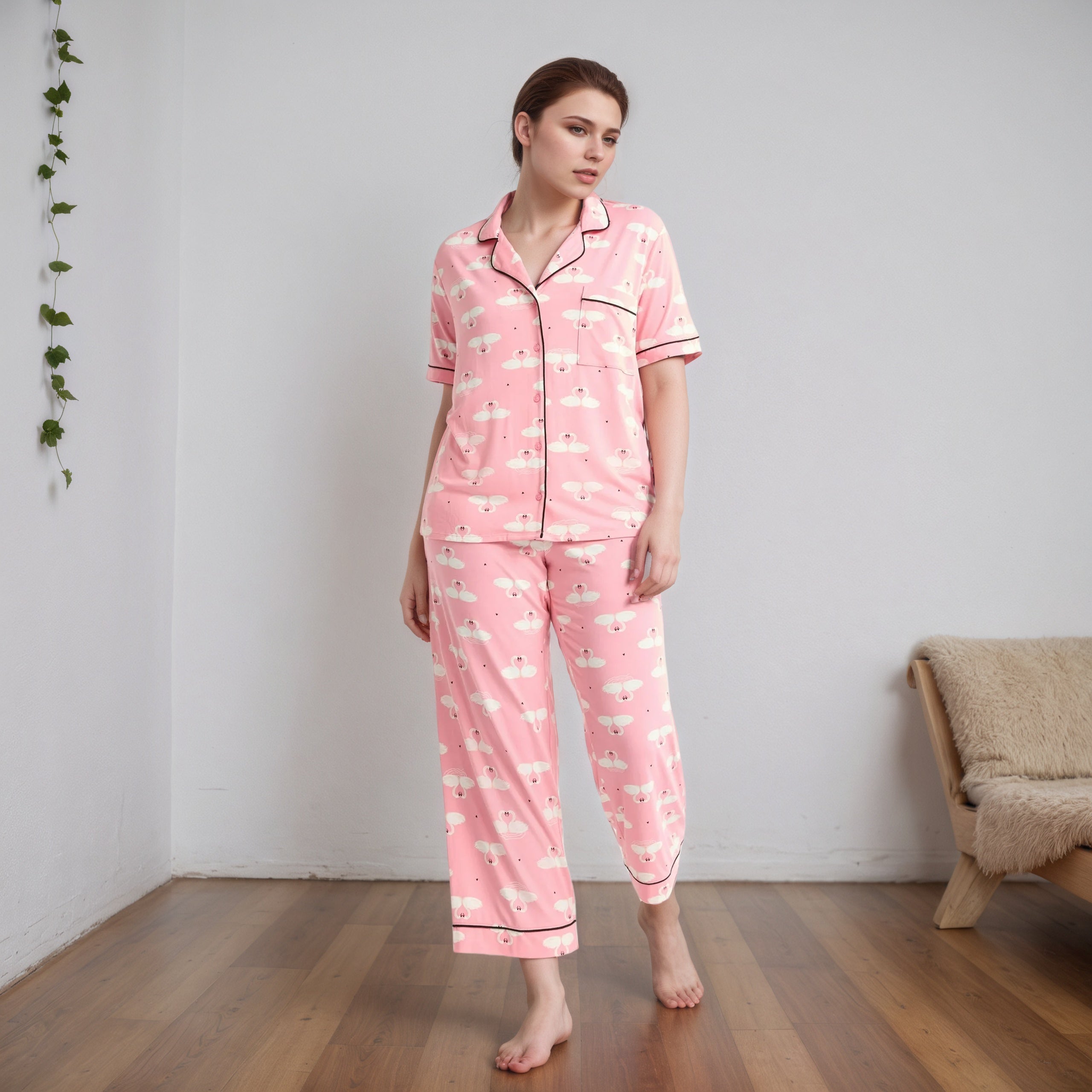 Dreamy Soft Collection Notch Collar Short Sleeve Knit Top And Pajama Set-Original Pajamas