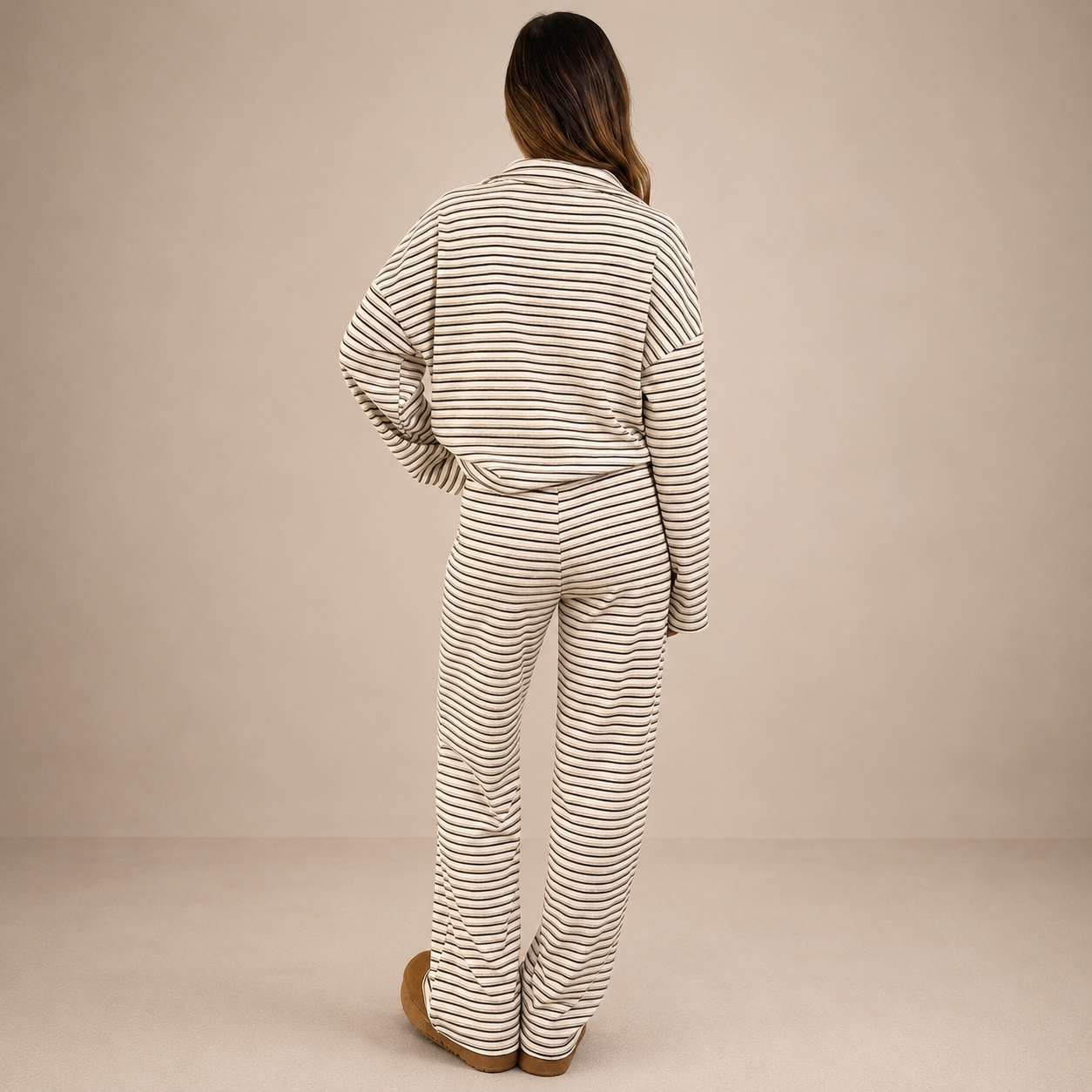 Casual 2 Piece Loose Striped Pattern T Shirt And Pants Set For Women