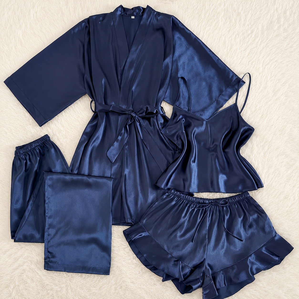 Four Piece V Style Sleepwear Set With Drawstring Shorts For Women