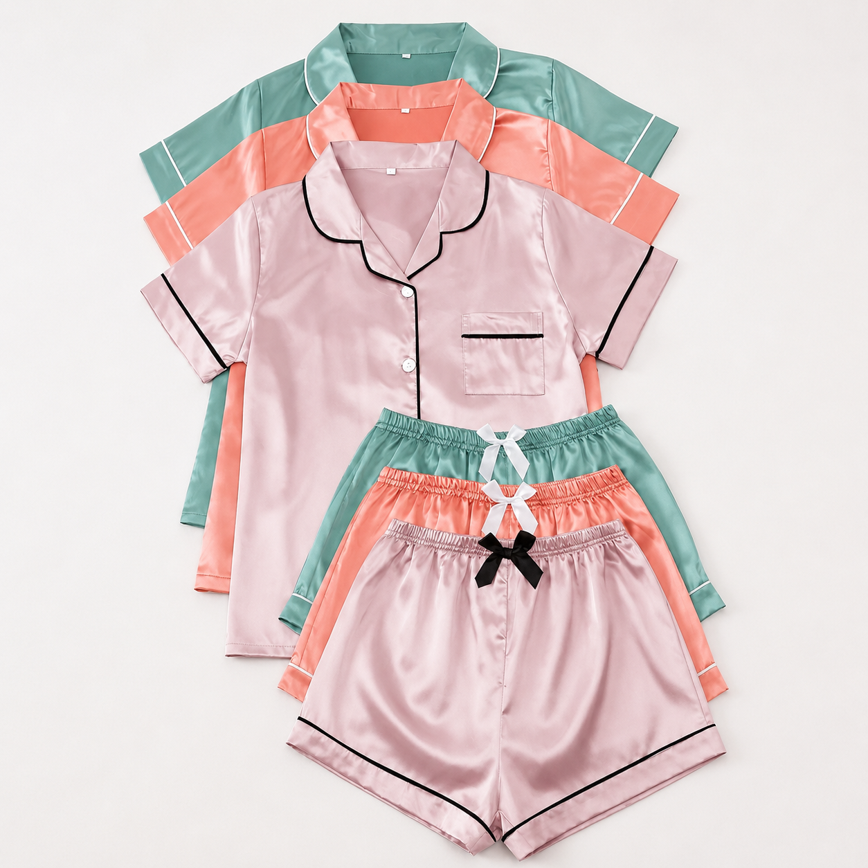 Solid Contrast Binding Bow Decor Pajama Set Sleeve Loungewear For Women