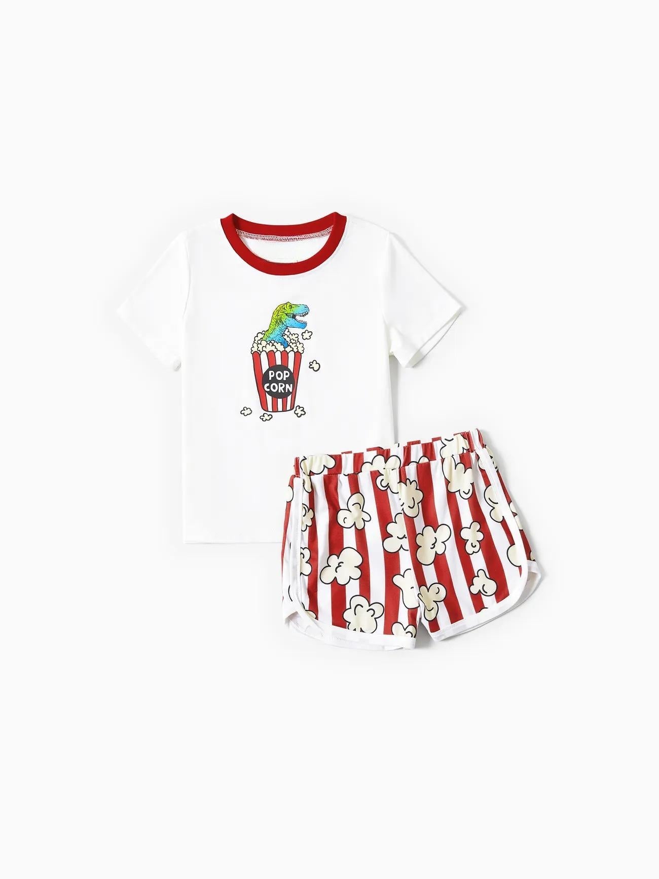 Family Matching Popcorn Pattern Top and Stripe Shorts Set-Original Pajamas