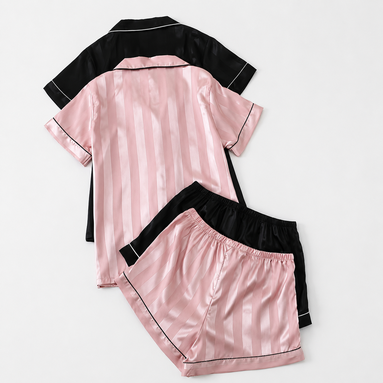 Two Piece Striped Satin Button Top And Shorts Pajama Set For Women