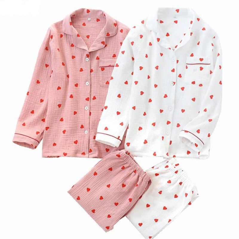 Heart Print Button Up Crepe Pajama set-Original Pajamas