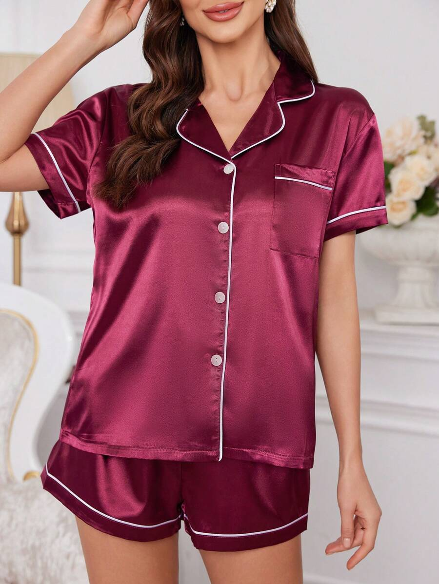 Contrast Piping Satin Pajama Set-Original PajamasContrast Piping Satin Pajama Set - Image 12