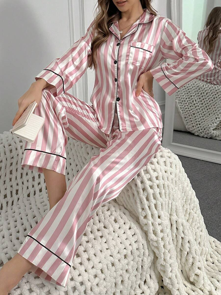 Striped Contrast Piping Satin Pajama Set-Original Pajamas