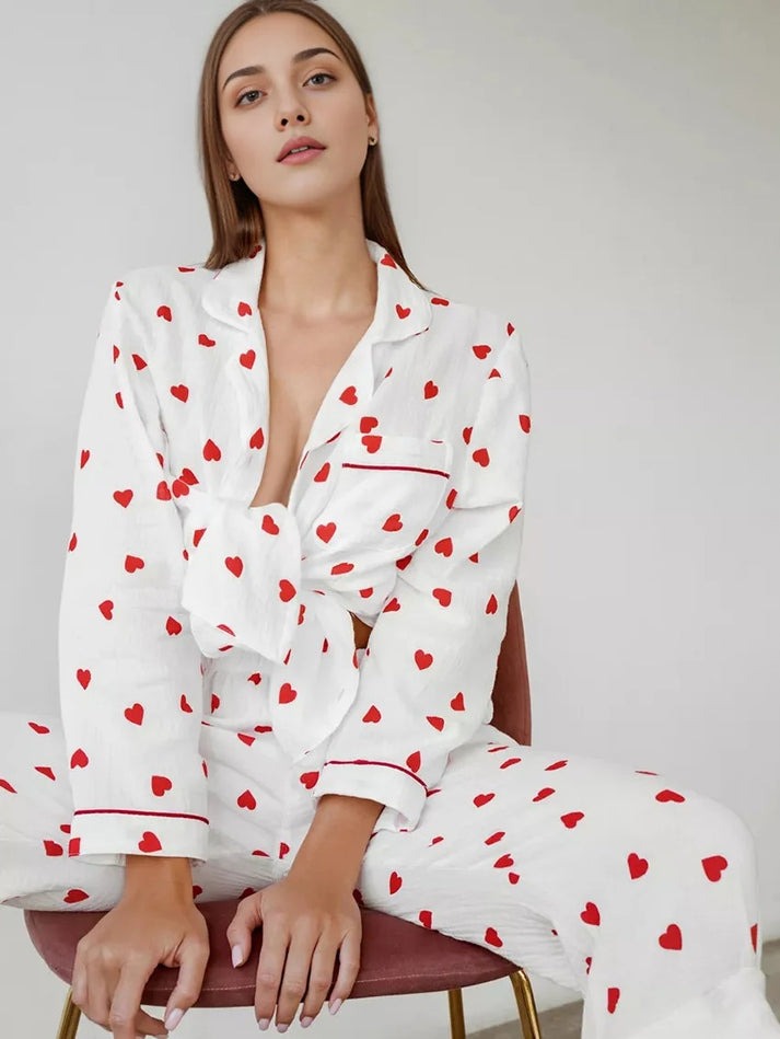 Heart Print Button Up Crepe Pajama set-Original Pajamas