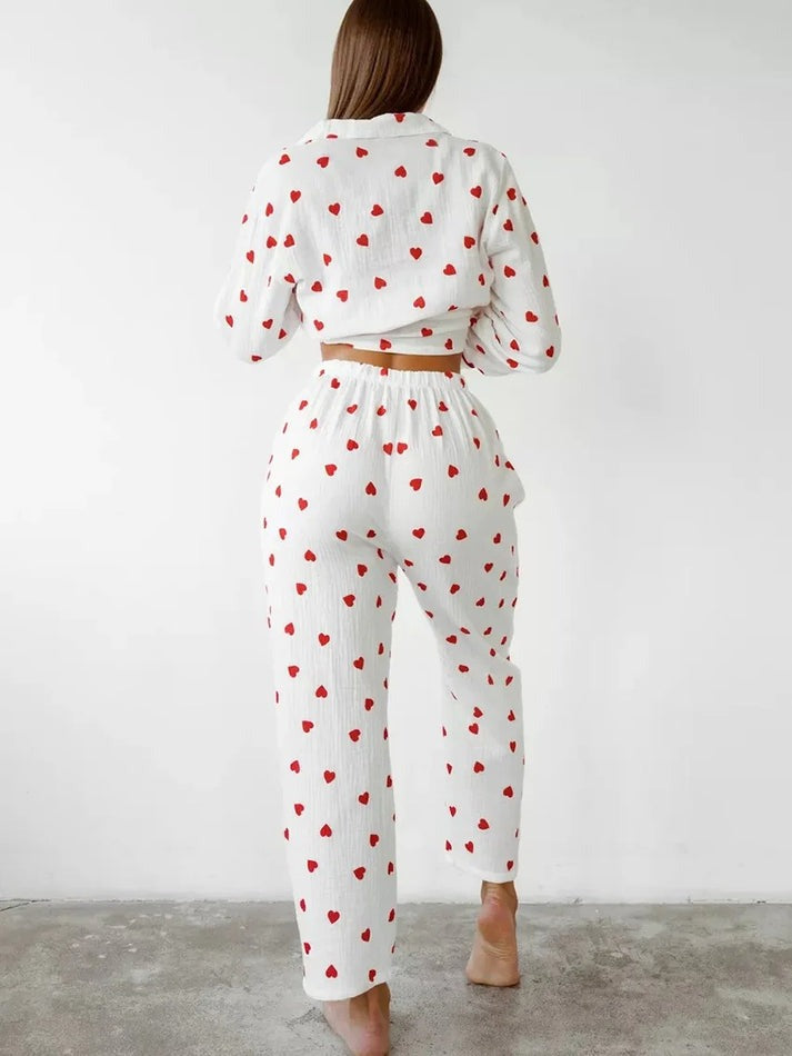 Heart Print Button Up Crepe Pajama set-Original Pajamas
