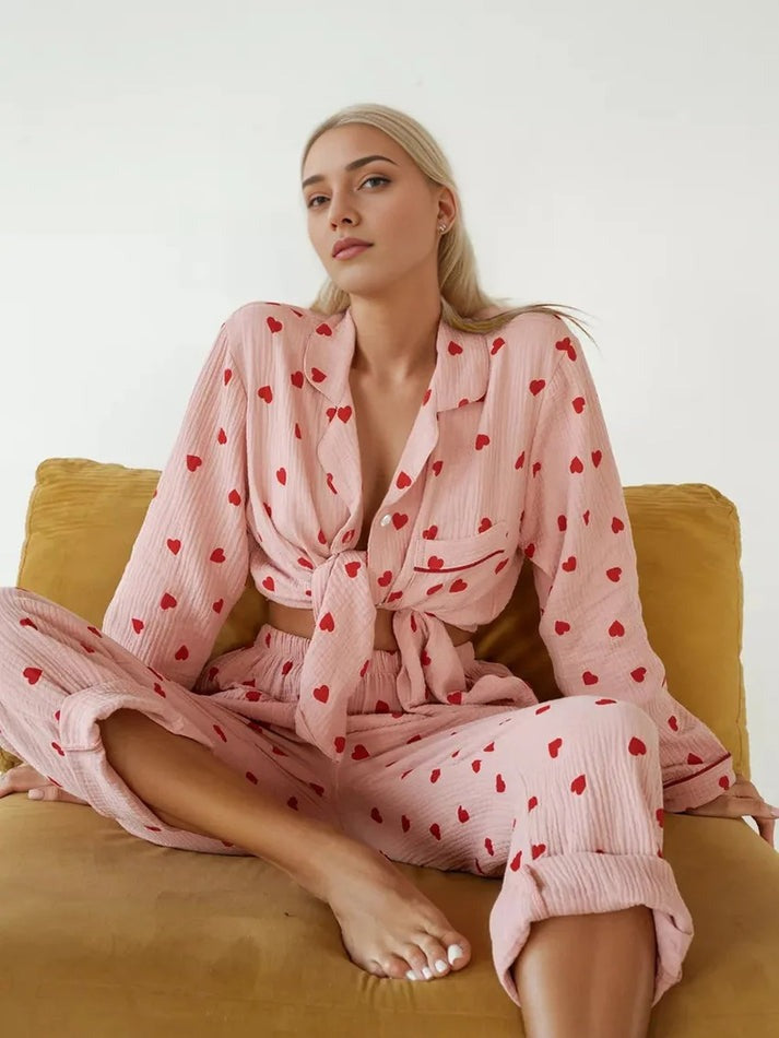 Heart Print Button Up Crepe Pajama set-Original Pajamas
