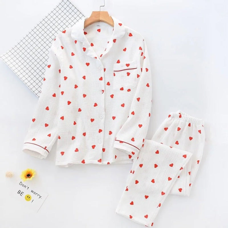 Heart Print Button Up Crepe Pajama set-Original Pajamas