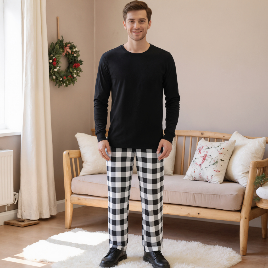 Women Pajama Set Long Sleeved Round Neck Top and Casual Comfortable Checkered Printed Pants