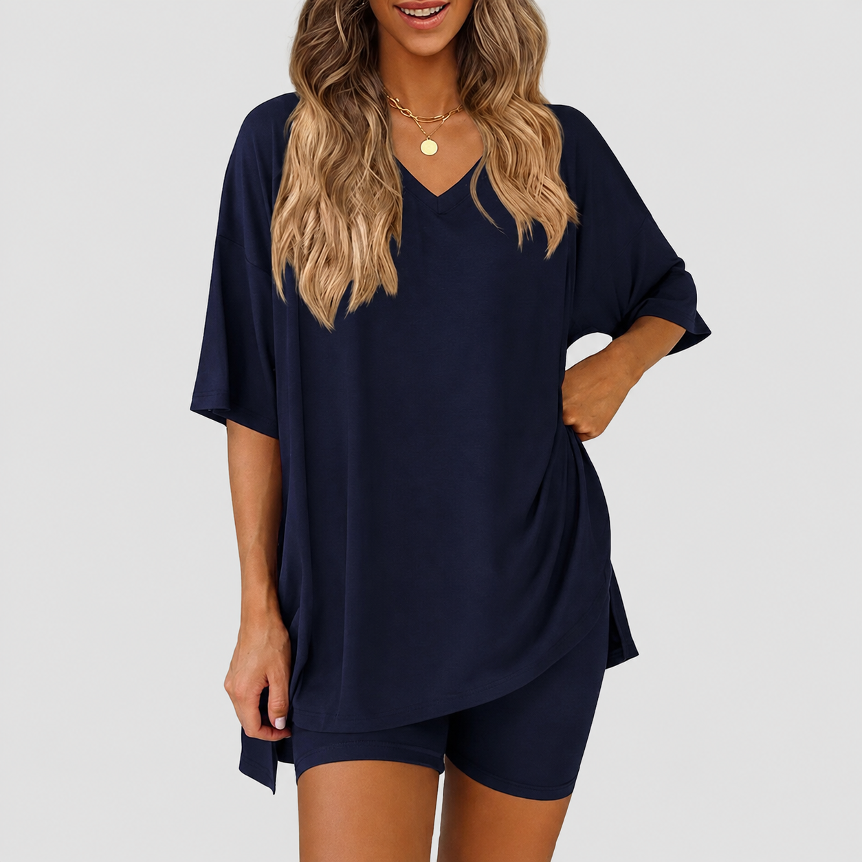 Casual Solid 2 Piece Loungewear Set Shorts For Women