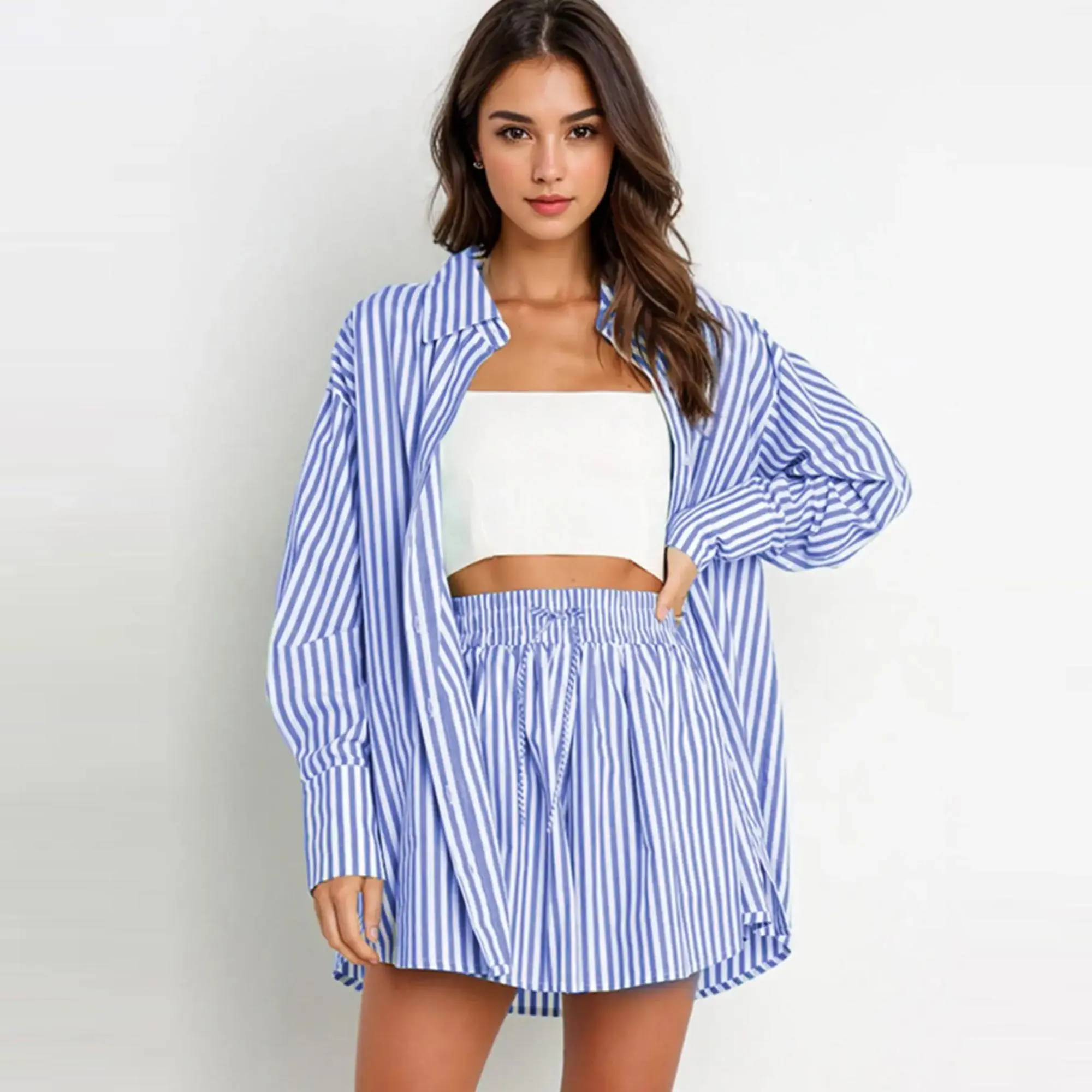 Casual Color Matching Striped Long Sleeve Shirt And Drawstring Shorts Set For Women