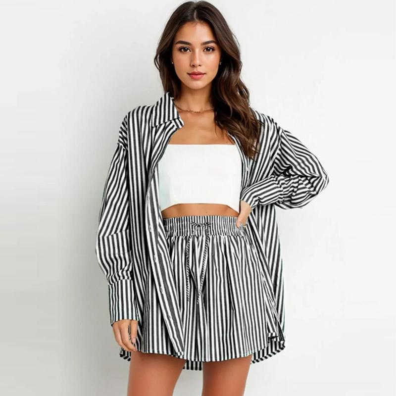  Casual Color Matching Striped Long Sleeve Shirt And Drawstring Shorts Loungewear 2 Pieces Set For Women
