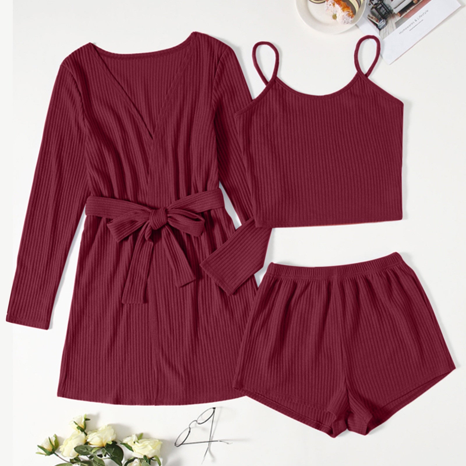 3 Piece Ribbed Cotton Pajamas Women Sleepwear Set-Original Pajamas