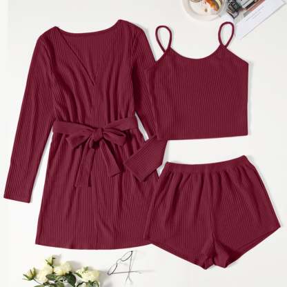 3 Piece Ribbed Cotton Pajamas Women Sleepwear Set-Original Pajamas