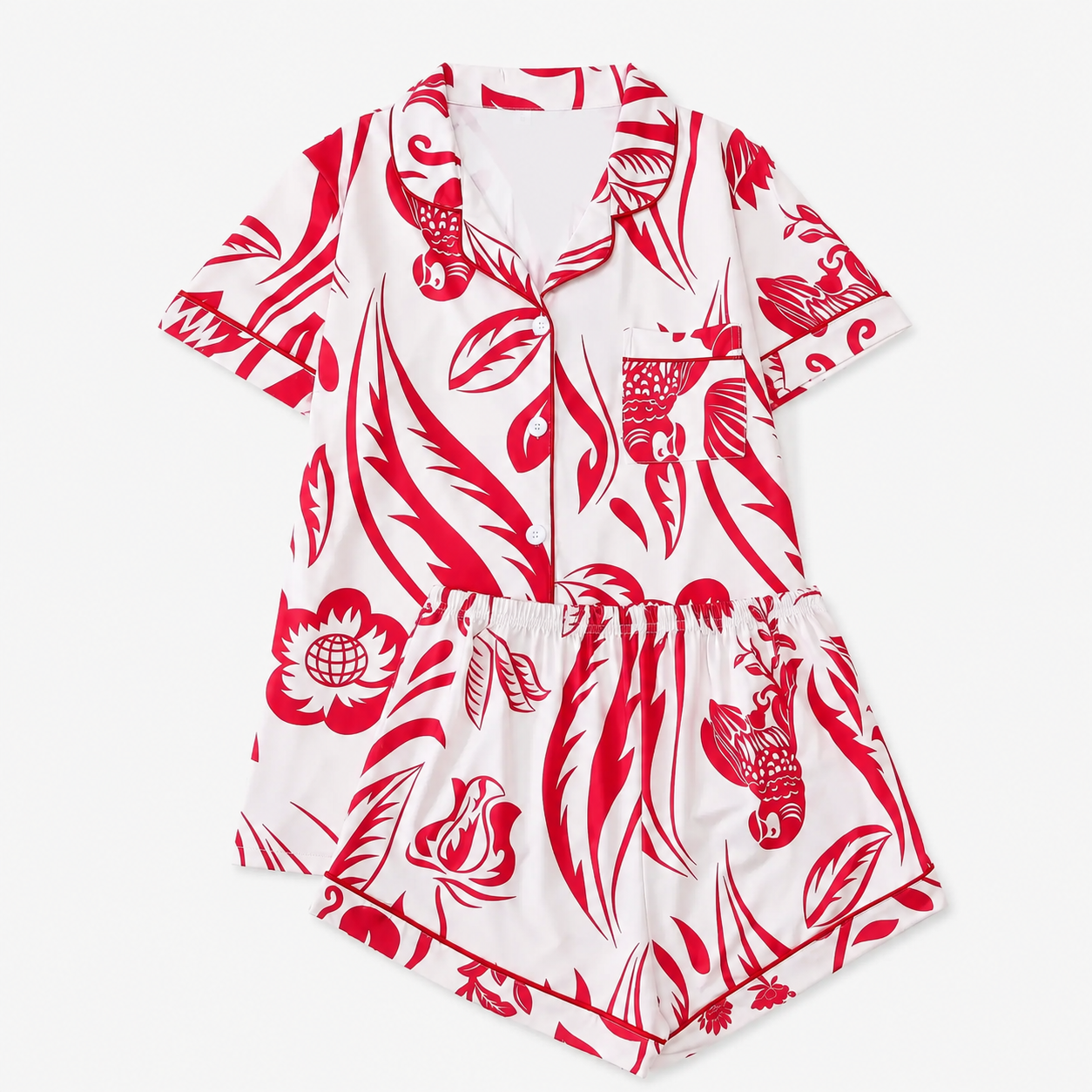 Two Piece Printed Pocket Shirt And Elastic Waist Shorts Set For Women