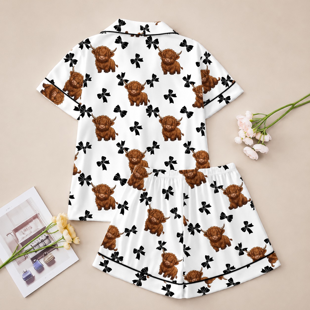 Casual Cow Pinted Short Sleeve Shirt And Shorts Pajama Set For Women