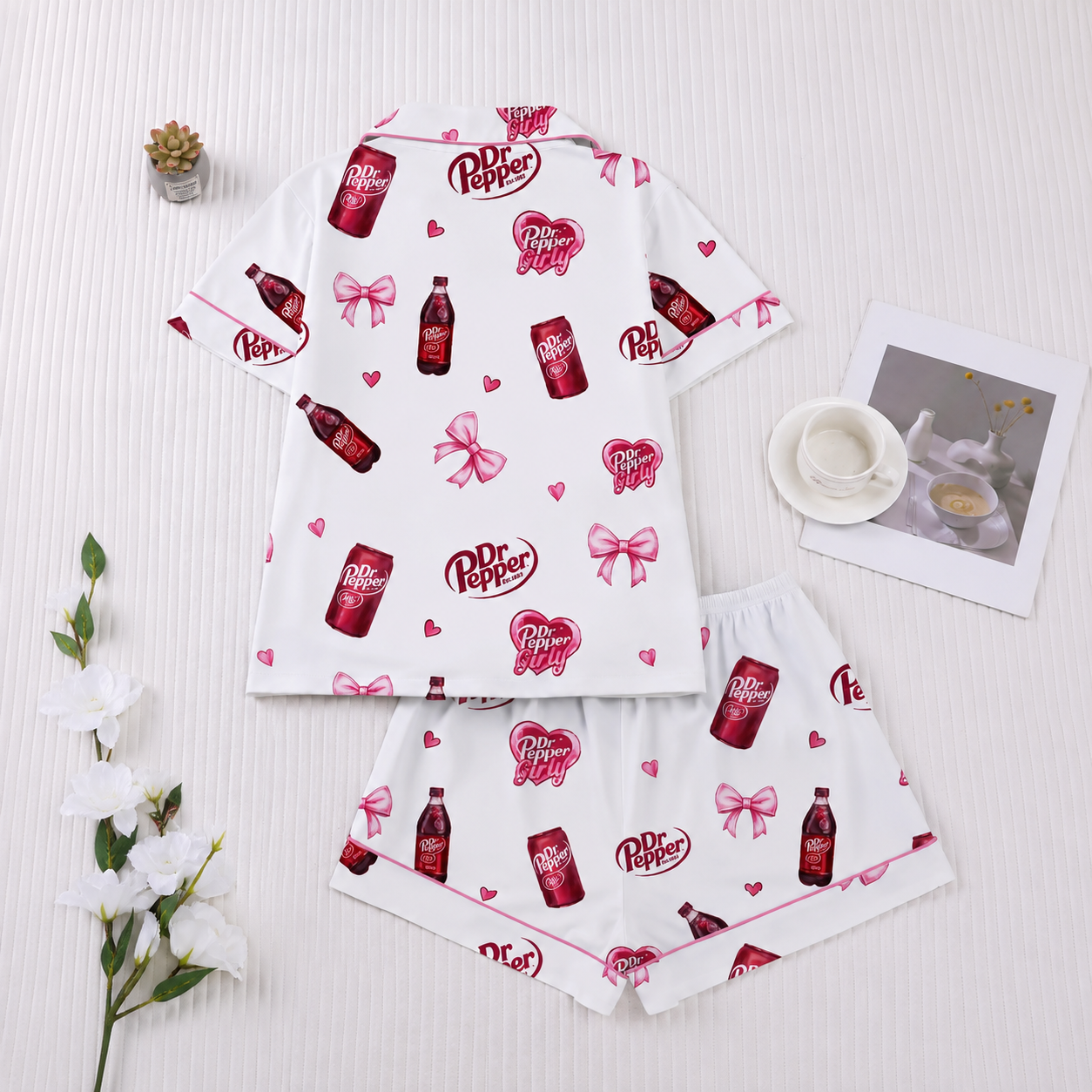 Casual Bow Print Button Up Top And Elastic Shorts Sleepwear Set For Women