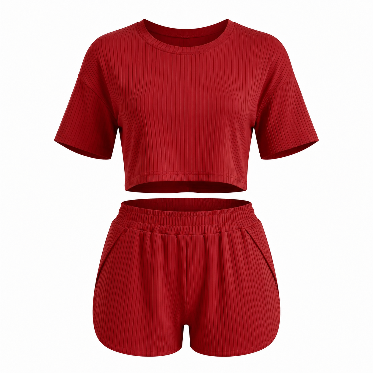 Casual Solid Elastic Ribbed Crop Tee And Shorts Pajama Set For Women