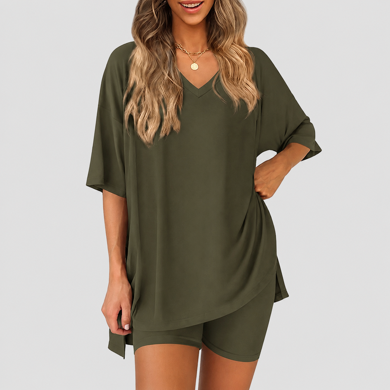Casual Solid 2 Piece Loungewear Set Shorts For Women