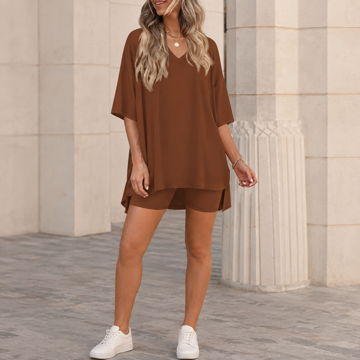 Casual Solid 2 Piece Loungewear Set Shorts For Women