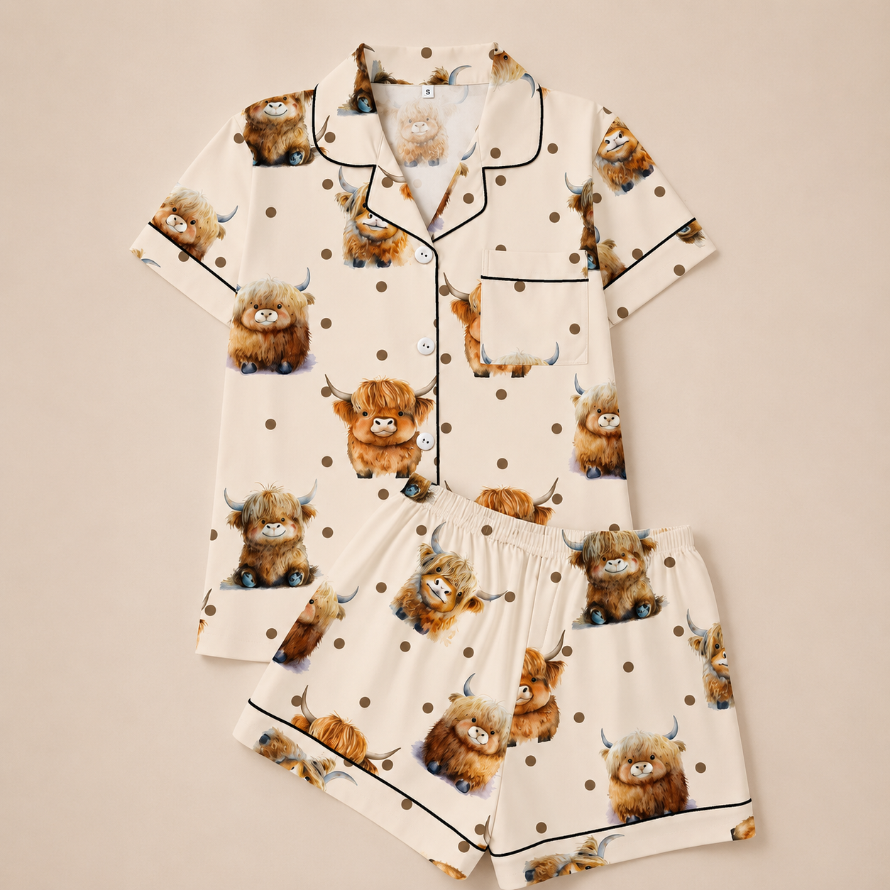 Casual Cow Pinted Short Sleeve Shirt And Shorts Pajama Set For Women