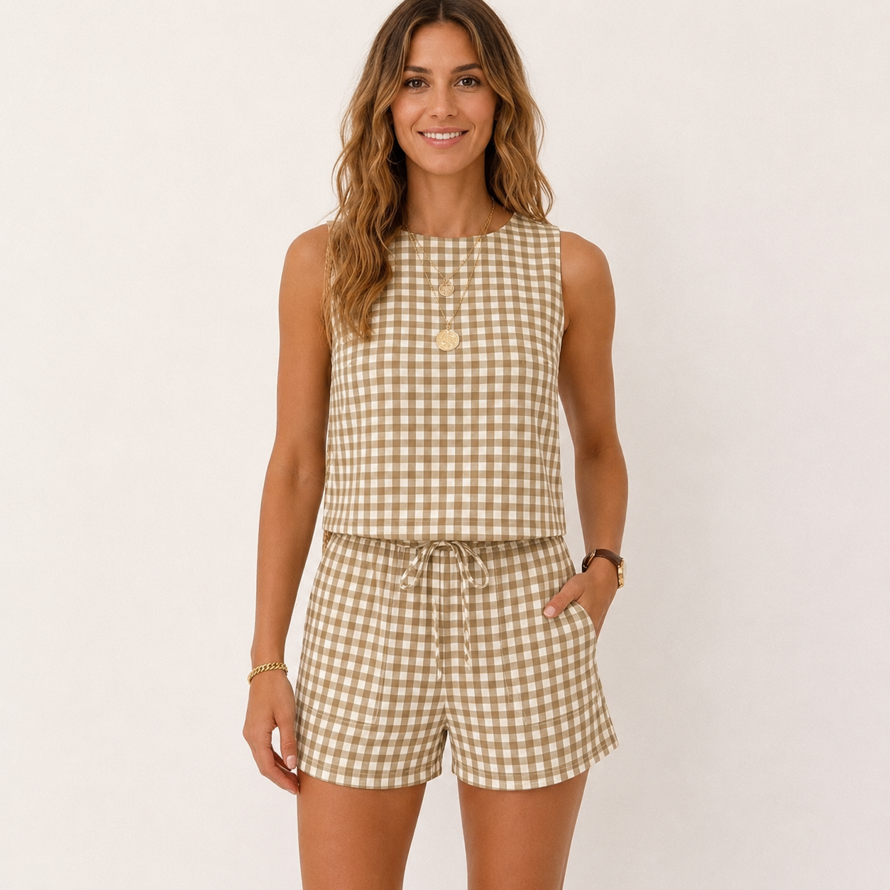Casual 2 Piece Matching Sleeveless Blouse And Short Sets For Women