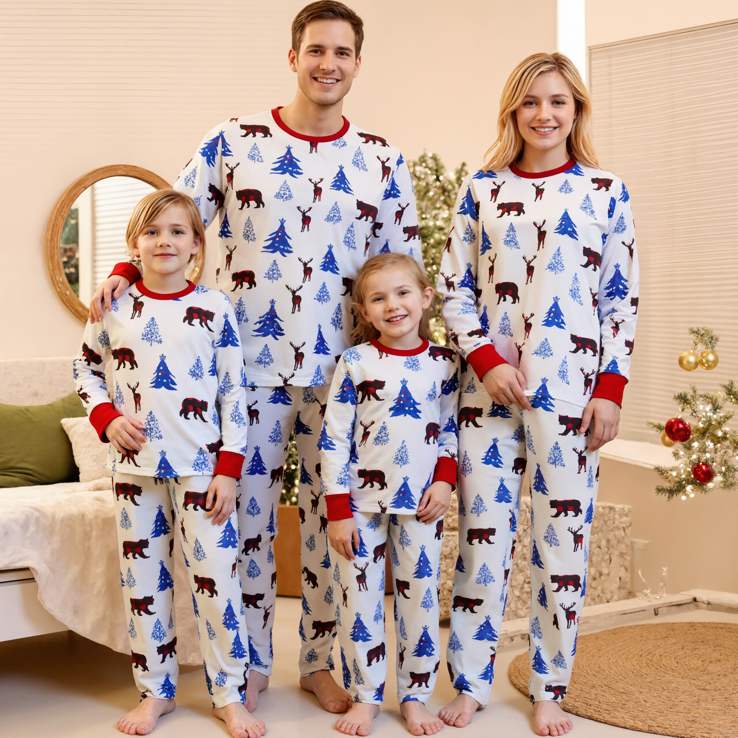 Long Sleeve Bear Print Tops and Plaid Pants Family Matching Pajama Sets