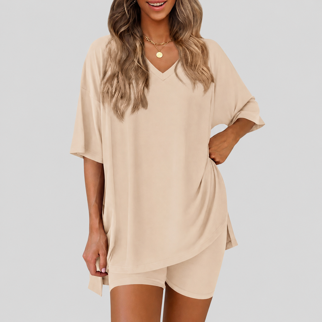 Casual Solid 2 Piece Loungewear Set Shorts For Women