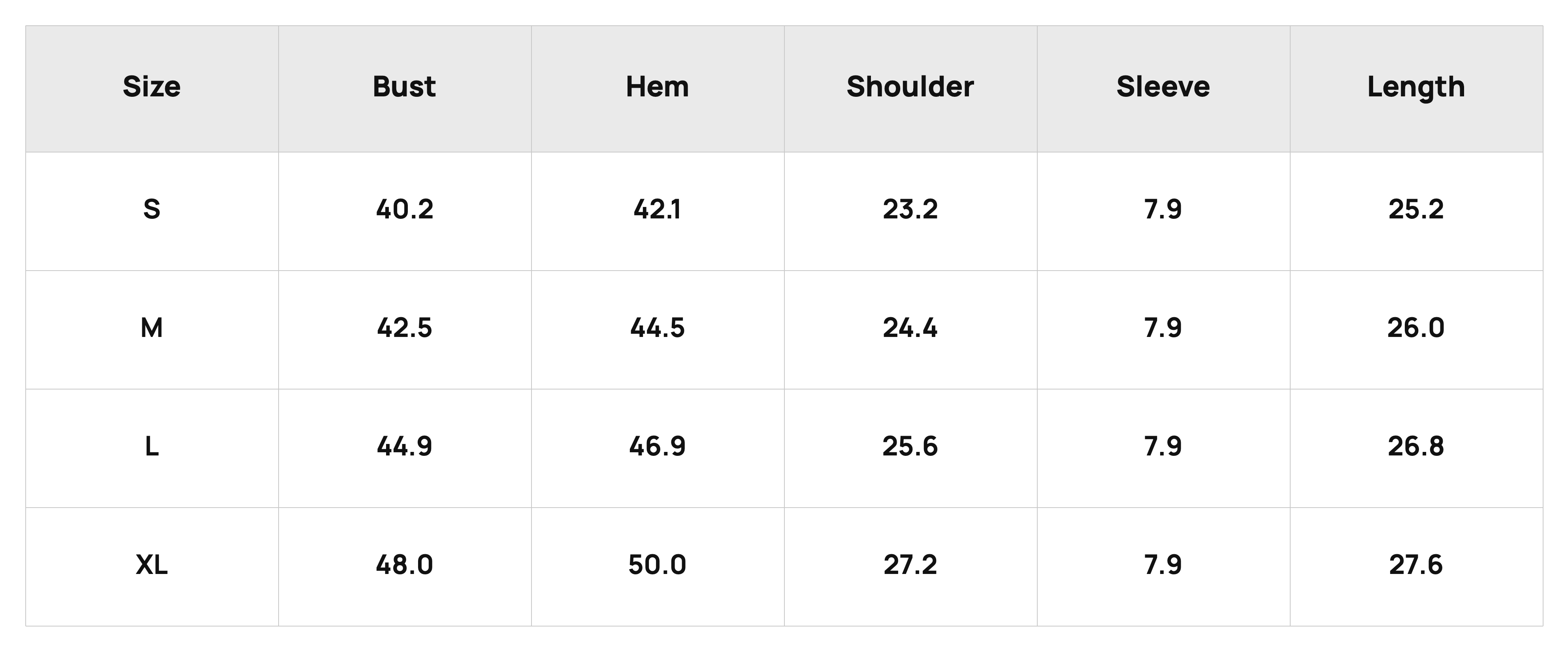 Size Chart Top