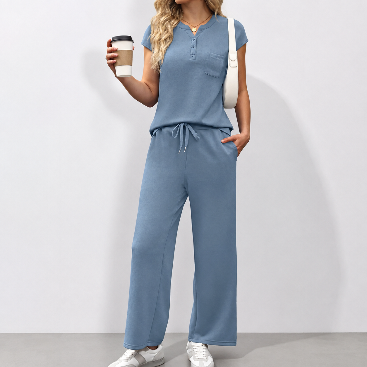 2 Piece Minimalist Loungewear Set With Button And Drawstring For Women