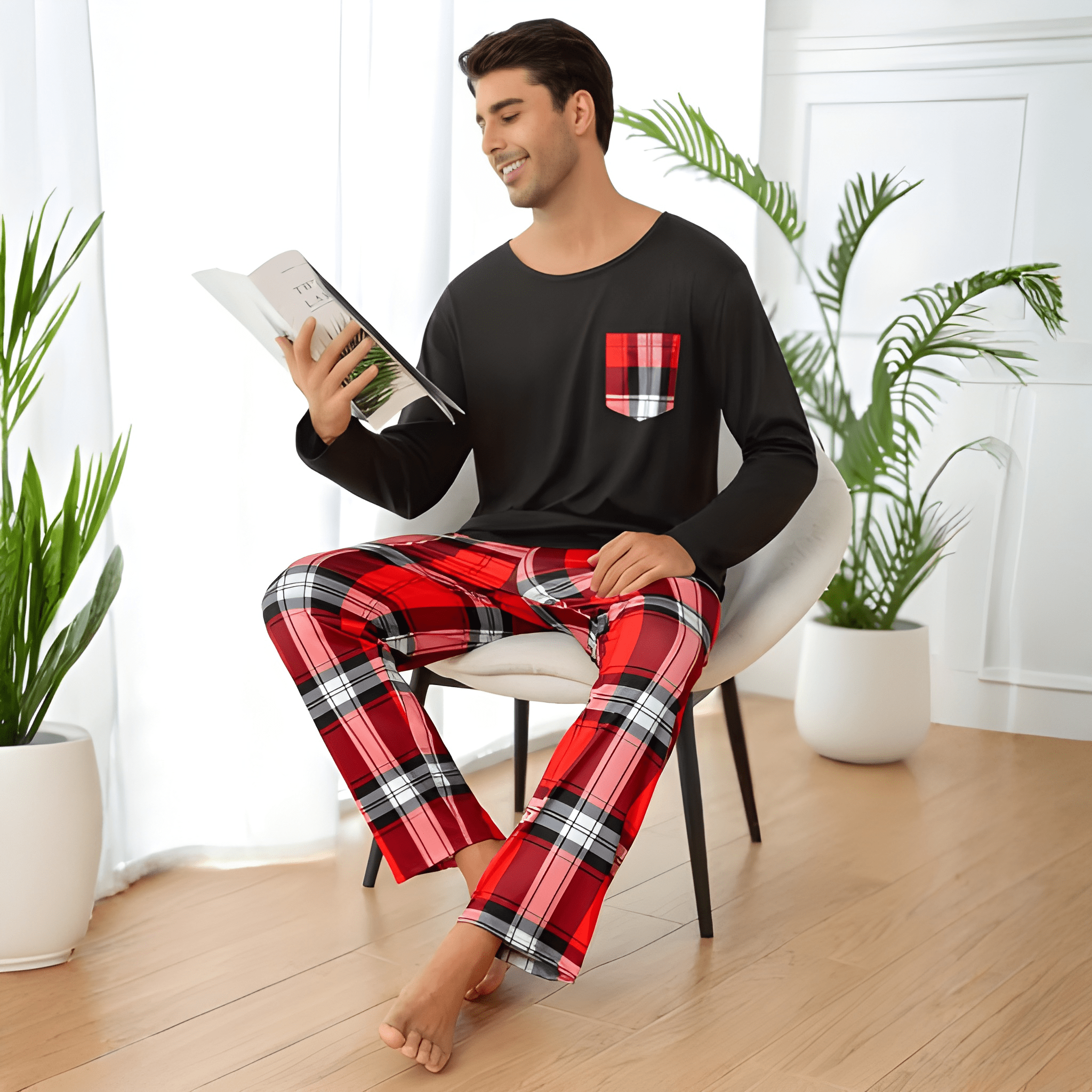  Couple's Black Crew Neck Pullover Long Sleeve Top and Plaid Pants Sleepwear Set