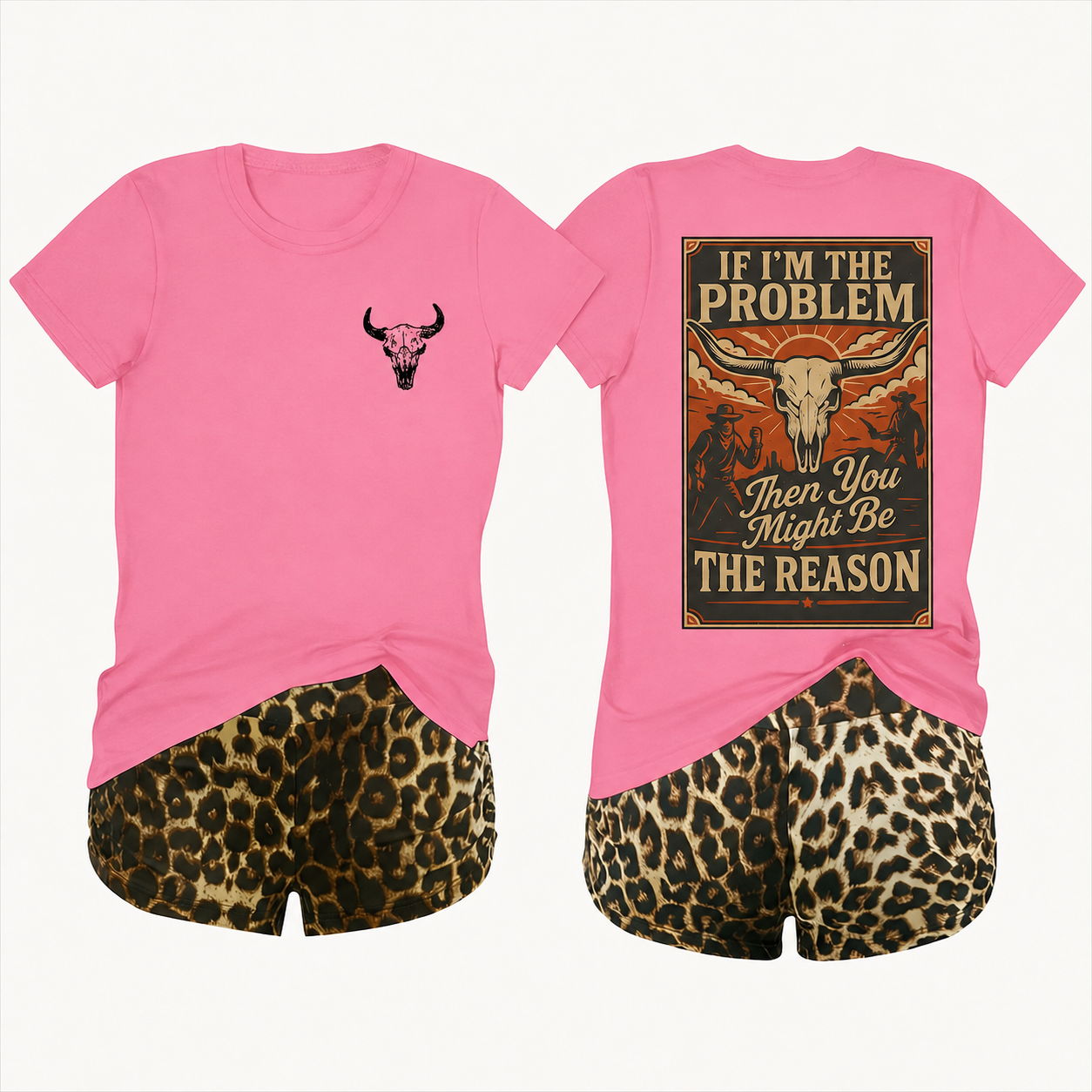2 Piece Leopard Print Shorts And T Shirt Set For Women