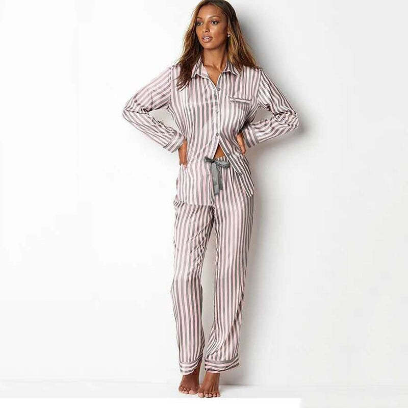 Women Satin Stripes Lounge Set-Original Pajamas