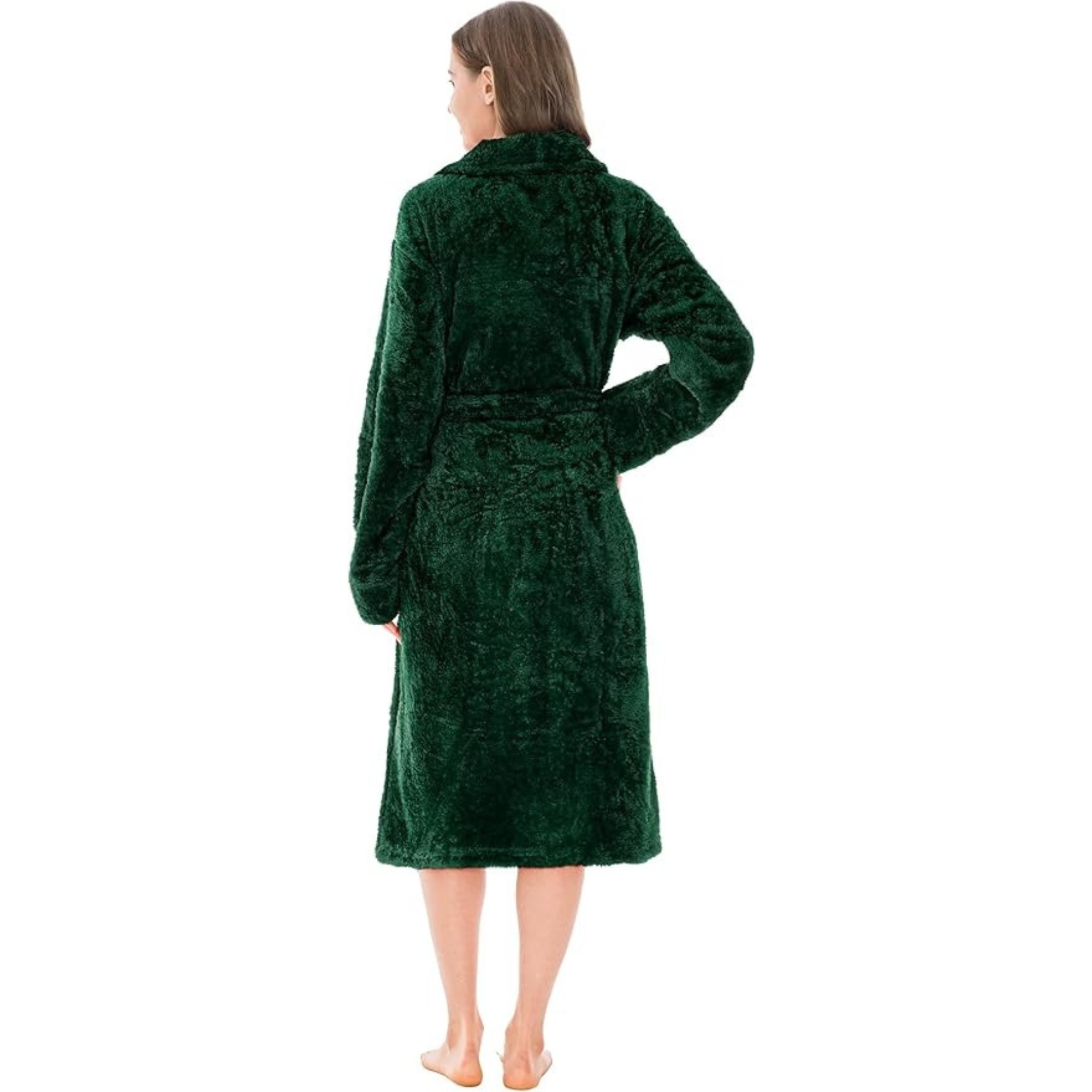 Plush Fleece Sherpa Style Long Bath Robe With Side Pockets For Women