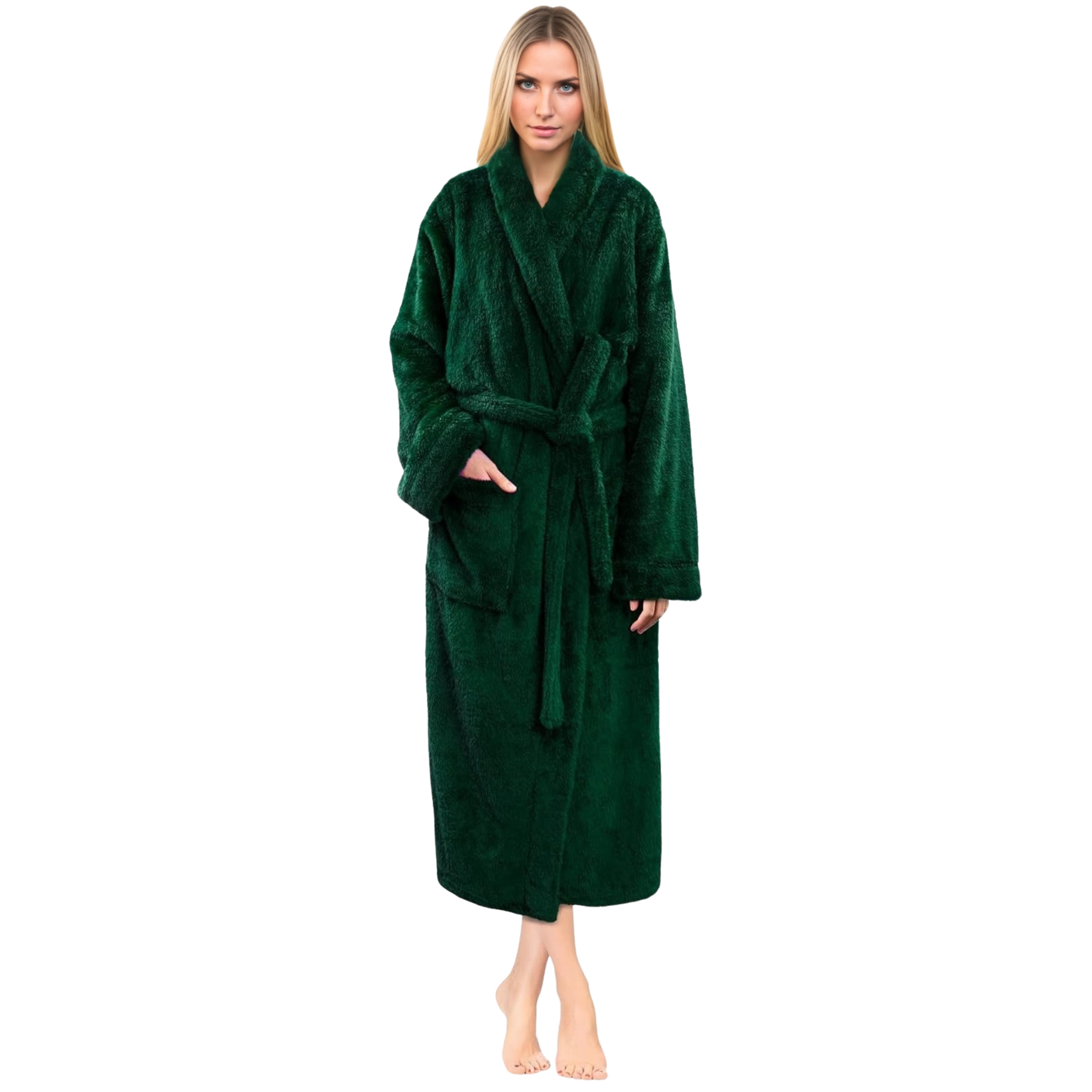 Plush Fleece Sherpa Style Long Bath Robe With Side Pockets For Women