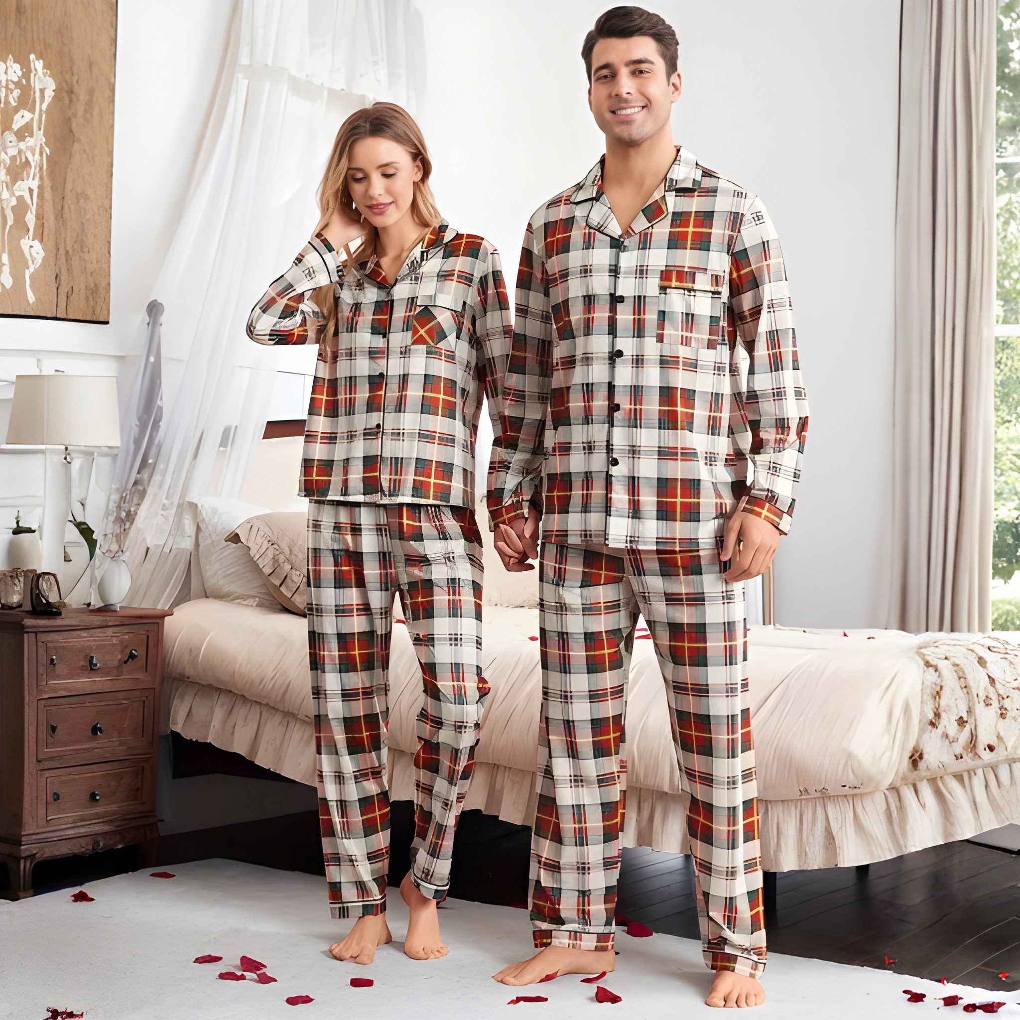 Plaid Pattern Long Sleeve Matching Pajama Set For Couple