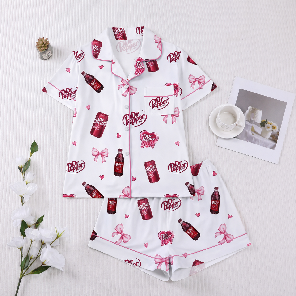 Casual Bow Print Button Up Top And Elastic Shorts Sleepwear Set For Women