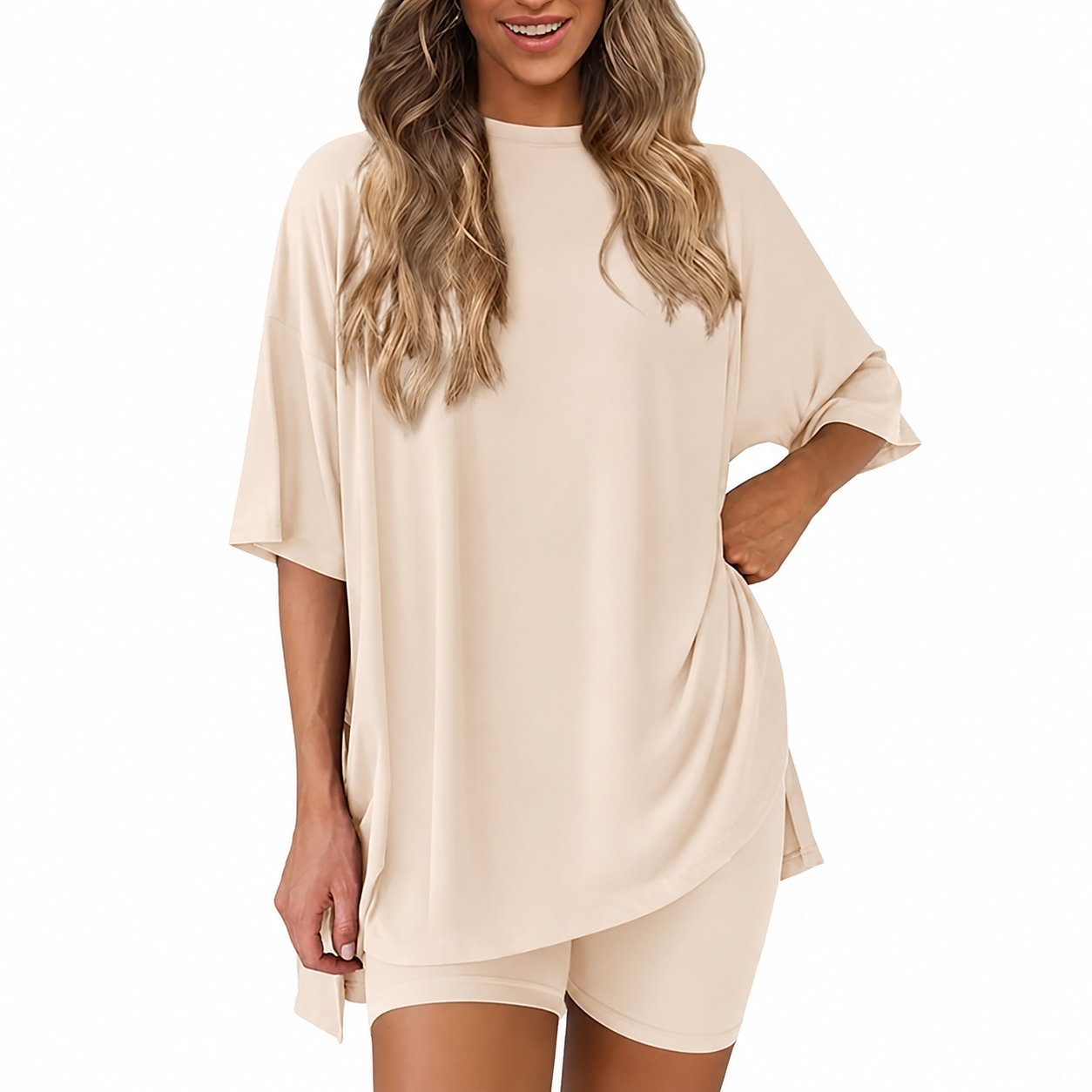 Casual Minimalist Stretchy Biker Shorts And Top Set For Women
